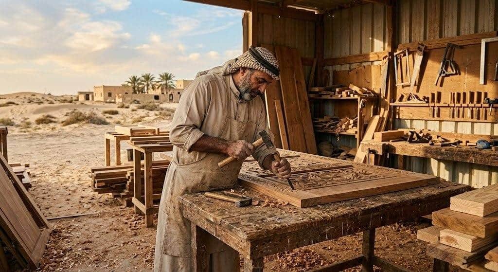 نجار محترف يقوم بأعمال فك وتركيب وتفصيل الأثاث الخشبي بدقة وإتقان باستخدام أحدث المعدات والأدوات ضمن خدمات نجار حي البوادي بجدة لضمان جودة التصنيع وراحة العملاء.