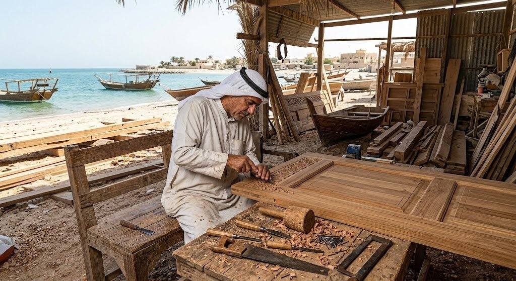 فني نجار محترف يقوم بأعمال تفصيل وتركيب وصيانة المشغولات الخشبية والأثاث بدقة وإتقان باستخدام أحدث الأدوات ضمن خدمات نجار حي النخيل بجدة لضمان جودة العمل وراحة العملاء.