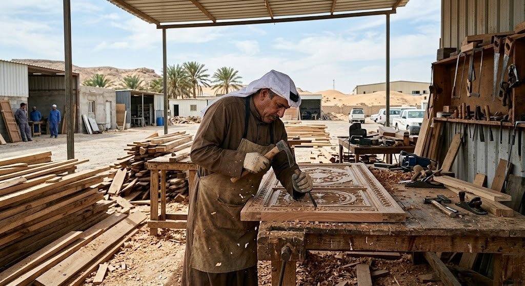 فني محترف يقوم بأعمال تفصيل وصيانة وتركيب الأخشاب والأثاث بدقة وأمان باستخدام أحدث المعدات وأجود أنواع الأخشاب ضمن خدمات نجار خشب حي المرجان لضمان جودة التصنيع والأناقة وراحة العملاء.